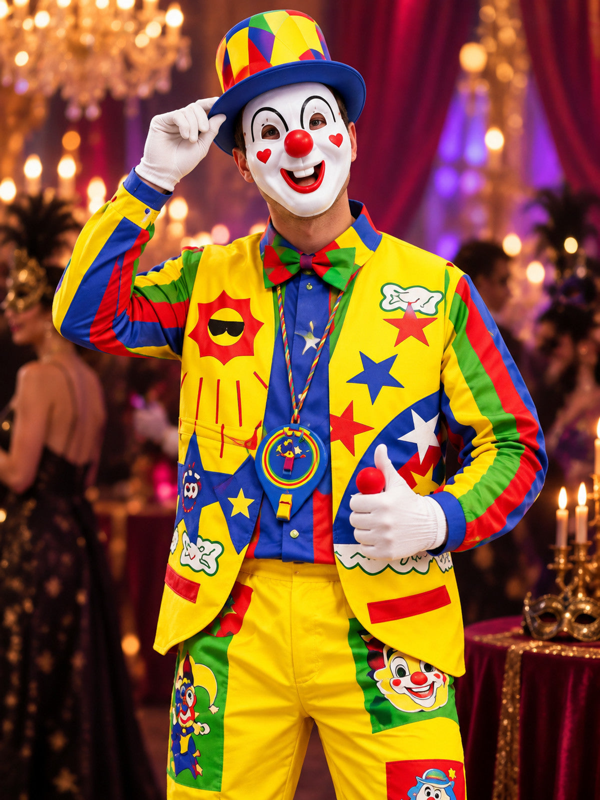 Bright Yellow Clown Costume with Mask, Vest, and Bow Tie
