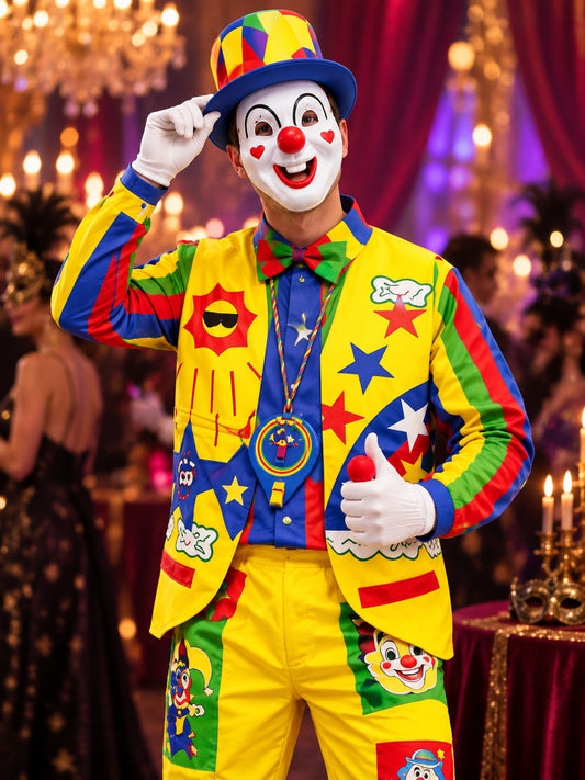 Bright Yellow Clown Costume with Mask, Vest, and Bow Tie