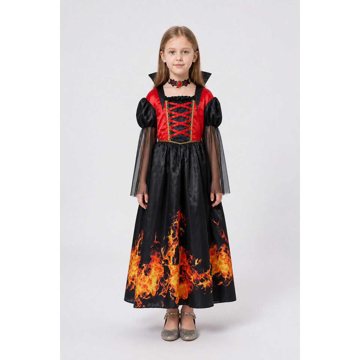 Halloween Dress with Flame Print and Puff Sleeves main product view