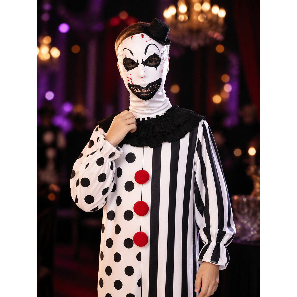 Scary Halloween Polka Dot Clown Jumpsuit Costume Set with Headpiece and Top Hat on-model view