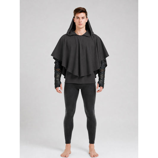 Dark Medieval Fantasy Hooded Cloak Gray Loose-Fitting Cape-Like Poncho With Oversized Hood For Cosplay Role-Playing Attire