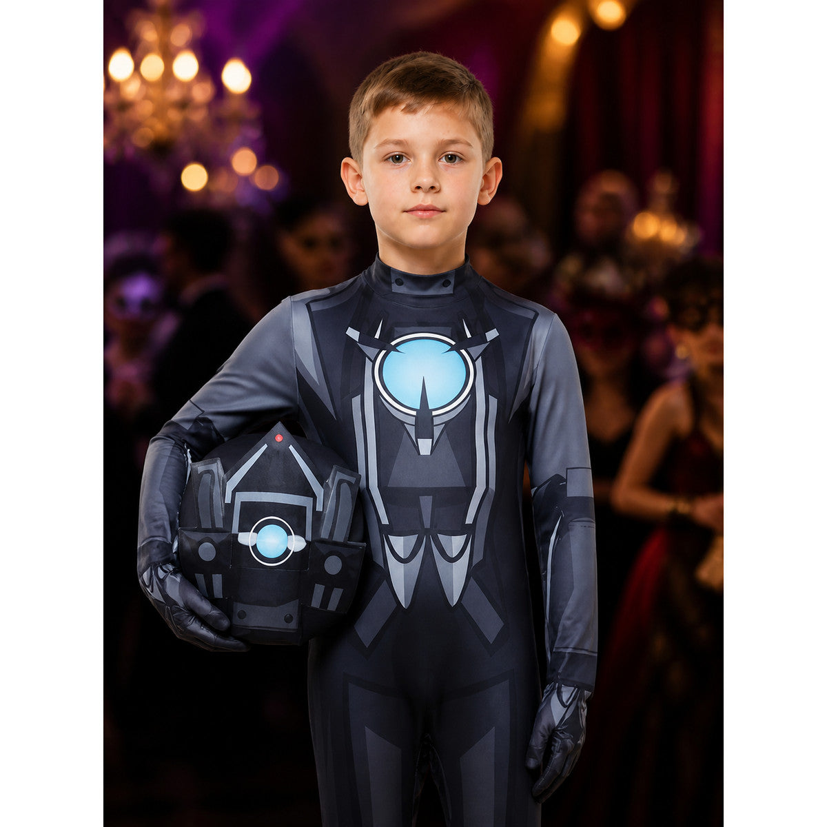 Skibidi Toilet Cameraman Cosplay Bodysuit with Headpiece, Printed Mechanical on-model view