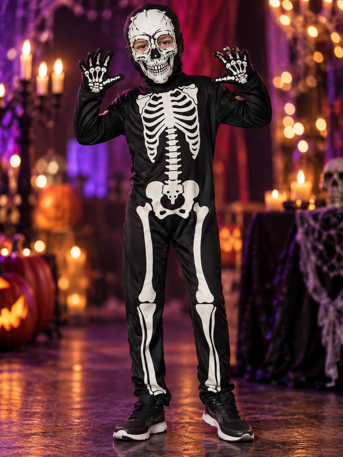 Kids' Glow-in-the-Dark Skeleton Costume with Mask