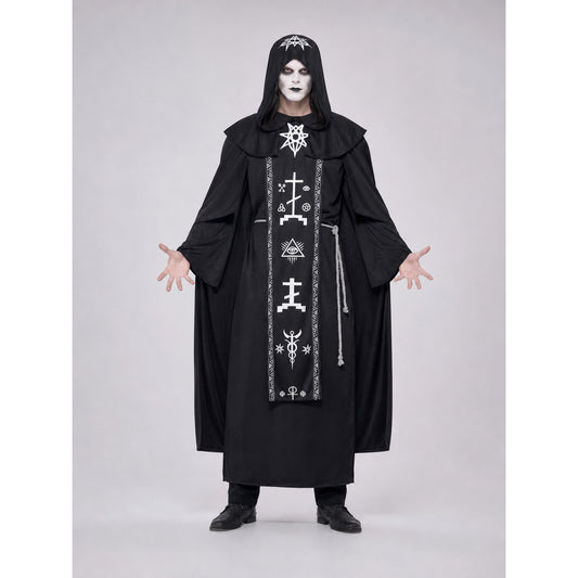 Gothic Black Hooded Robe with Symbols