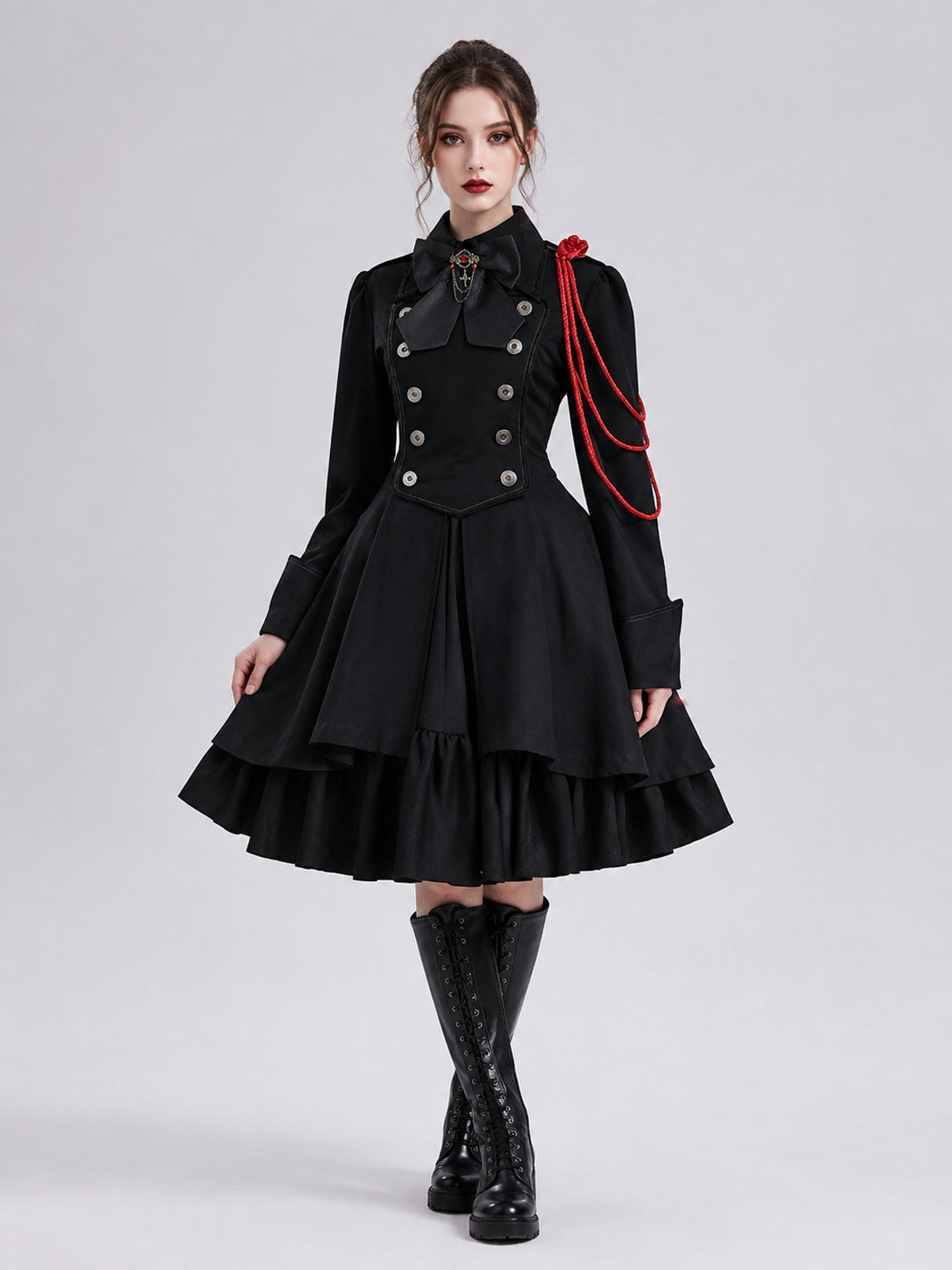 Gothic Dress with a High Collar and Lace-Up Back on-model view