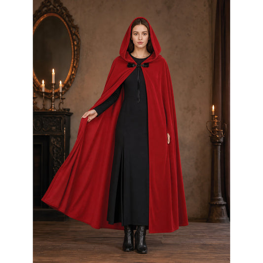 Medieval Hooded Cape, Long Flowing Bright Red Cloak with Oversized Hood and Toggle Closure for Cosplay Costume Parties