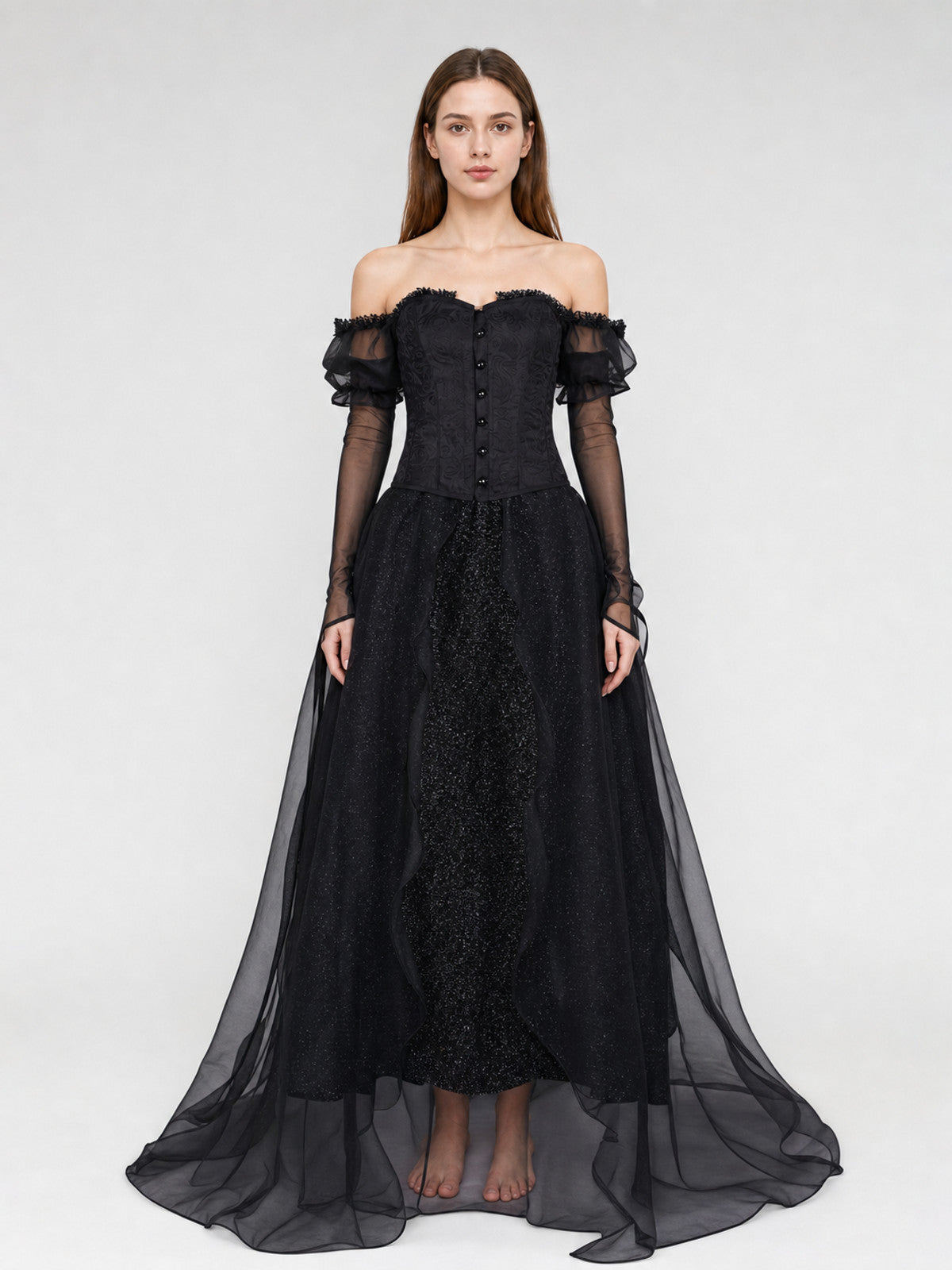 Gothic Black Cosplay Dress with Belt on-model view