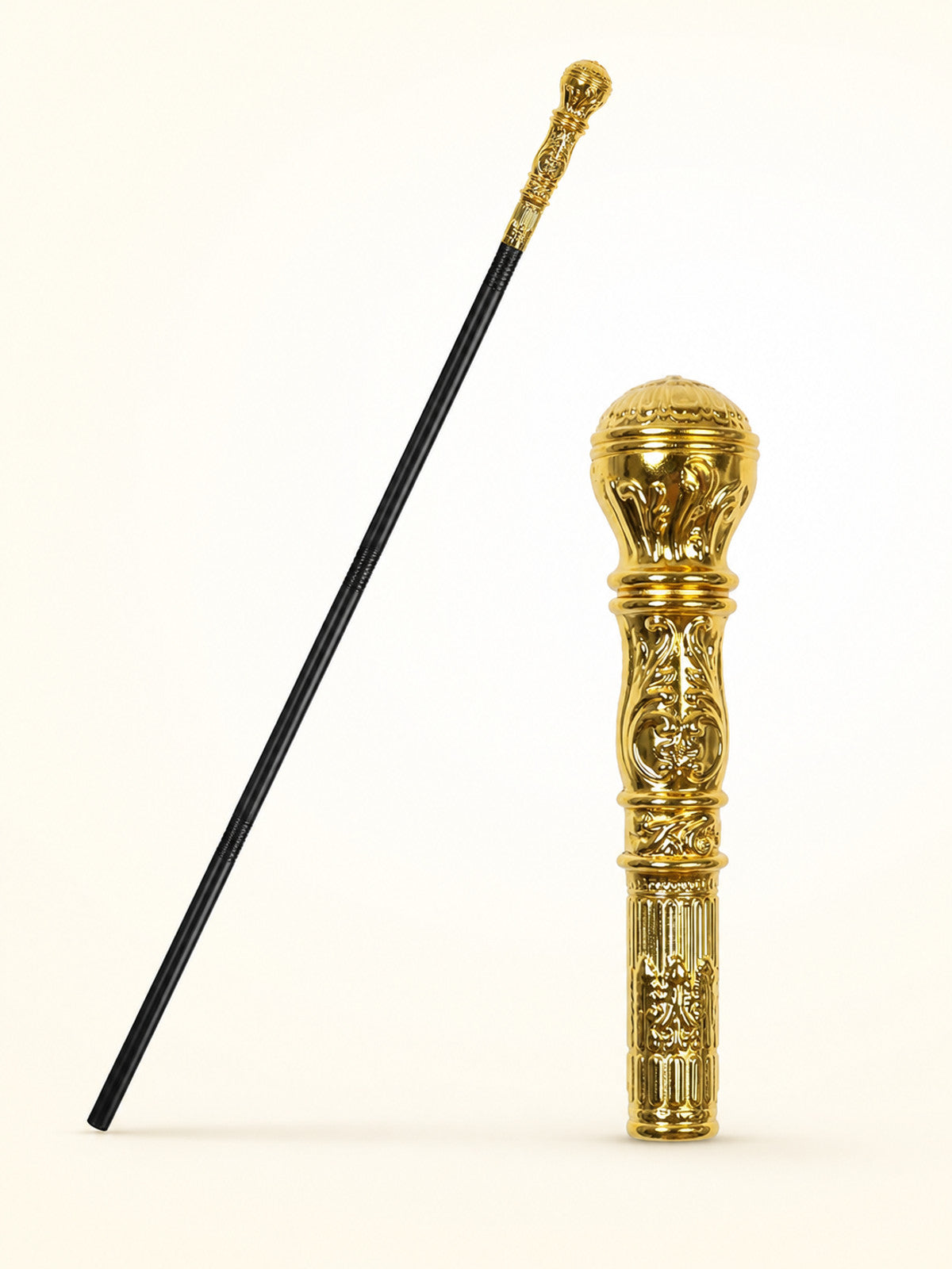 Costume scepter with a slim black shaft and ornate bright gold rounded handle, shown upright beside a close-up view of the handle