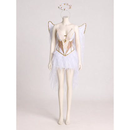 White-and-Gold Angel Costume with Wings and Halo