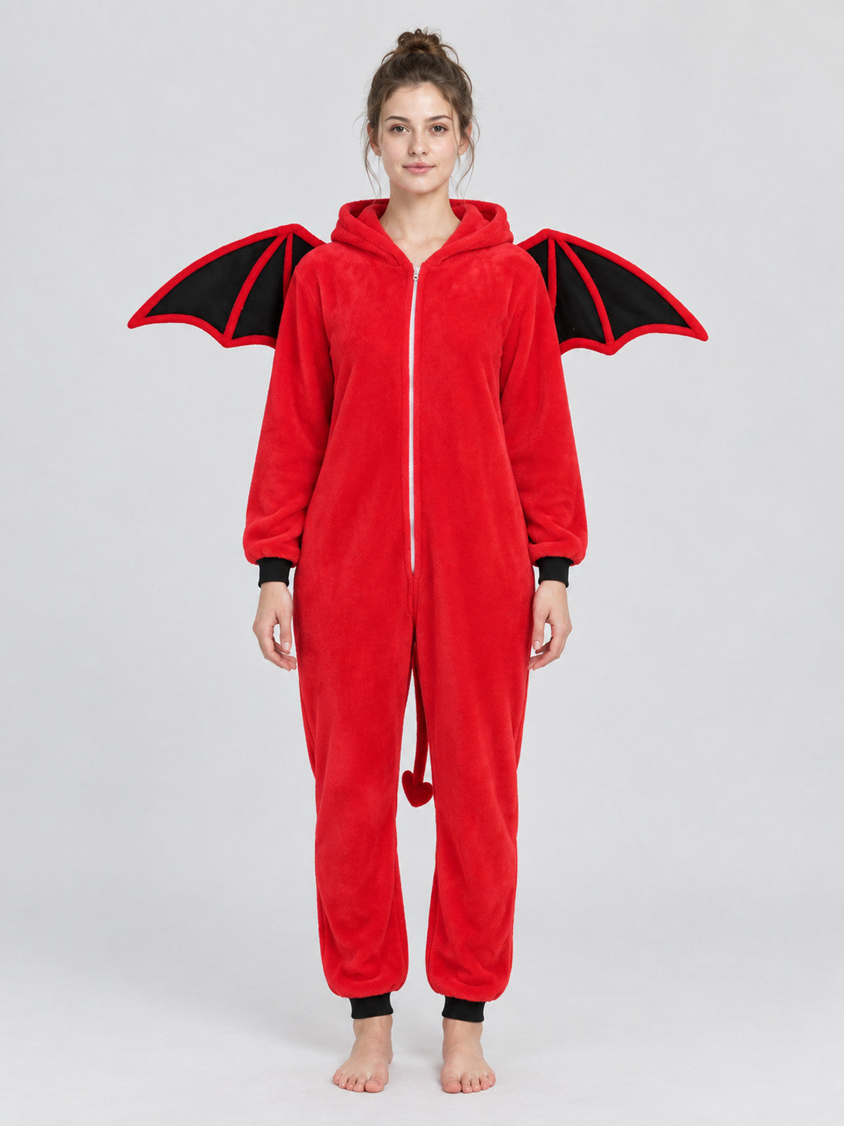 Red hooded jumpsuit pajama with wings and tail