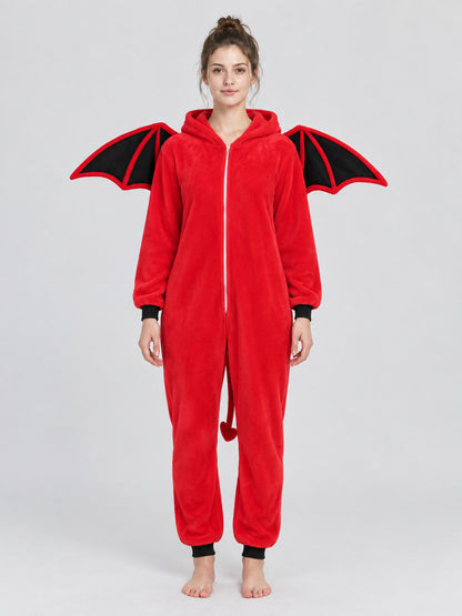 Red hooded jumpsuit pajama with wings and tail
