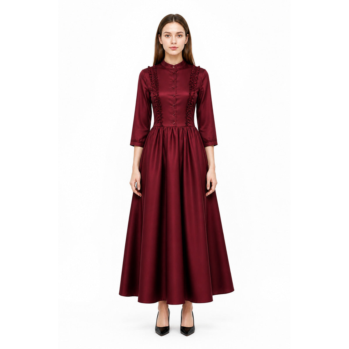 Burgundy Gothic Victorian Dress with Collar