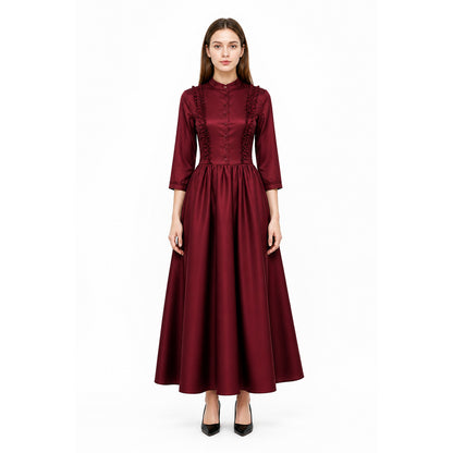 Burgundy Gothic Victorian Dress with Collar