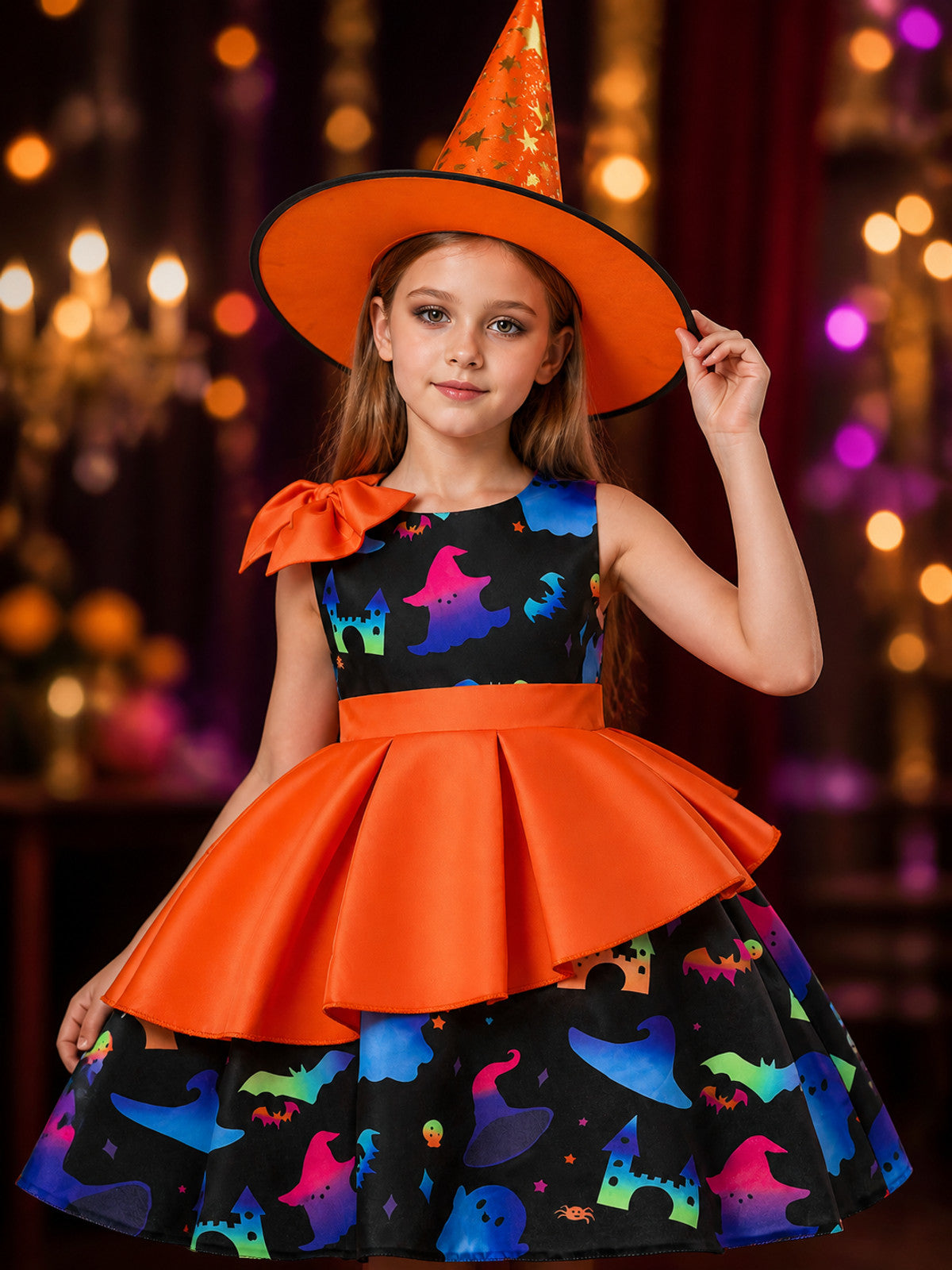 Girls' Halloween Witch Costume Dress Set With Printed Skirt And Witch Hat on-model view