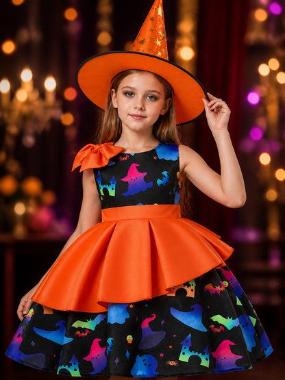Girls' Halloween Witch Costume Dress Set With Printed Skirt And Witch Hat on-model view