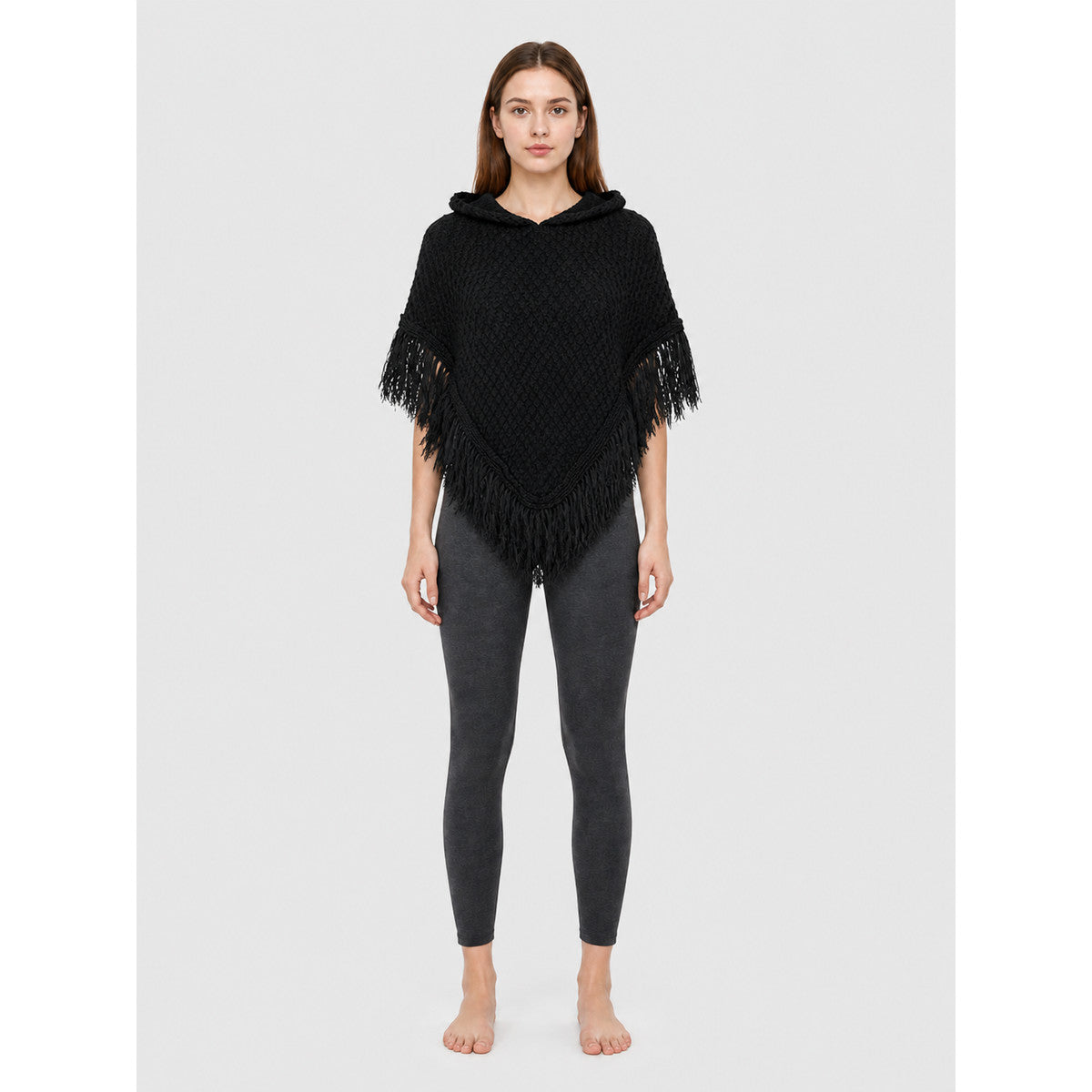 Black hooded fringed knit poncho main product view