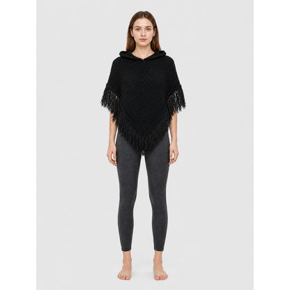 Black hooded fringed knit poncho main product view