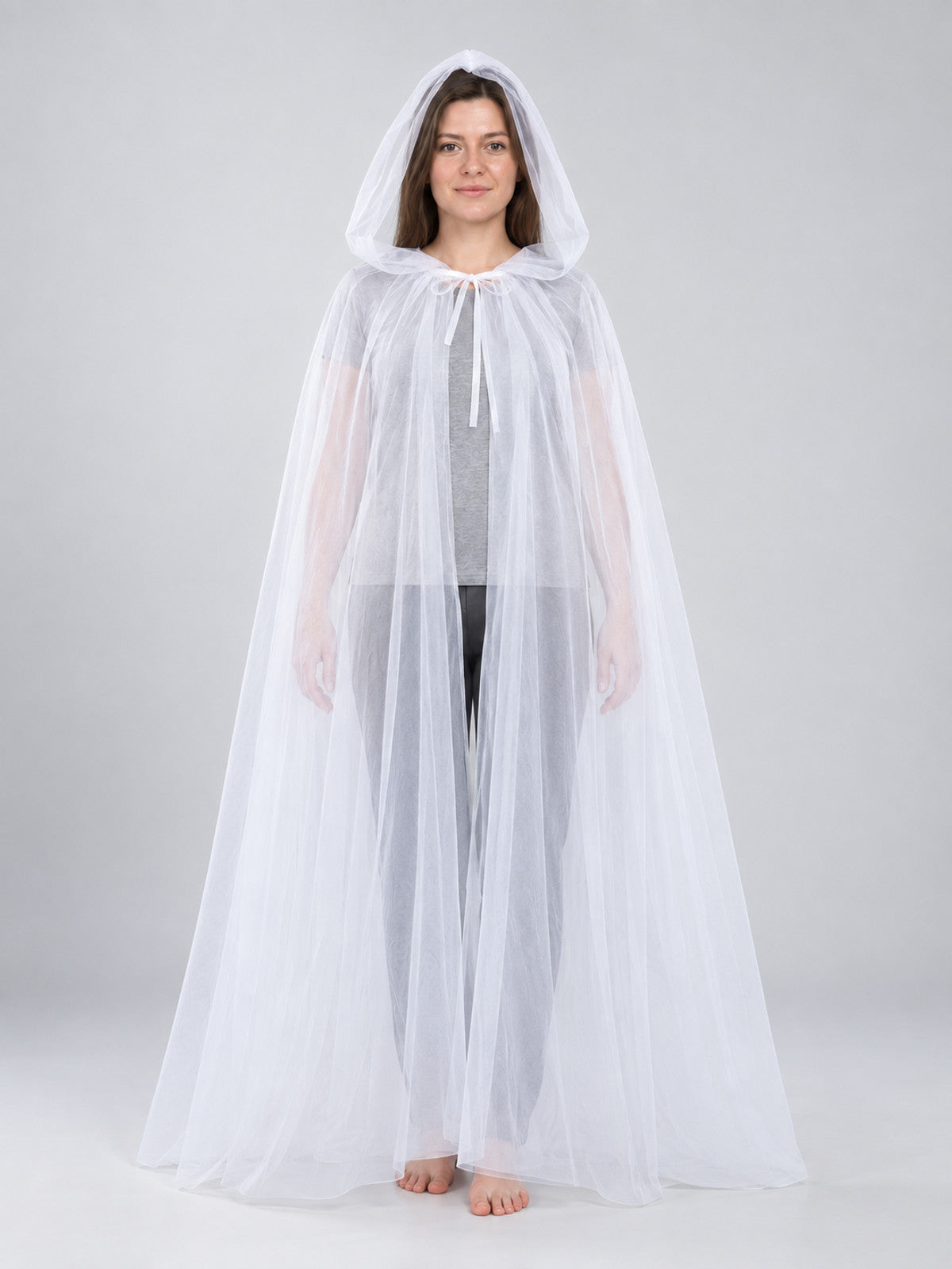 White Long Mesh Hooded Cape with Bow