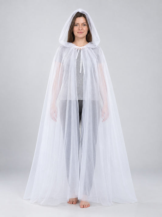White Long Mesh Hooded Cape with Bow