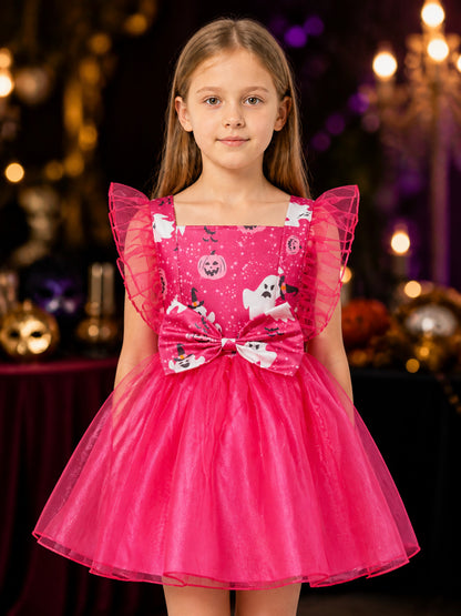 Girls' Halloween Character Dress with Pumpkin, Ghost and Skeleton Prints on-model view