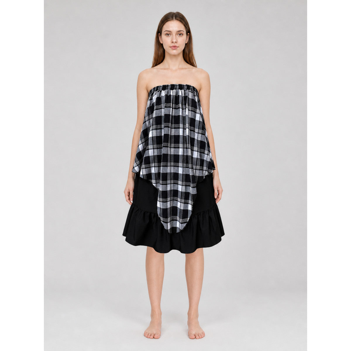 Layered Plaid Skirt with Asymmetrical Draping front view