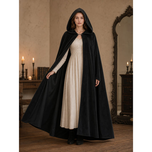 Long black hooded costume cloak