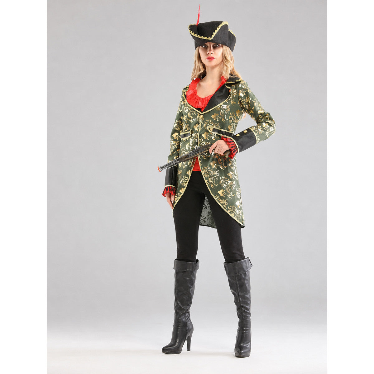 Pirate Carnival Costume with Hat and Long Coat on-model view