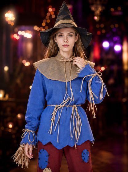Blue and Burgundy Scarecrow Witch Costume Set with Hat and Fringe Details on-model view