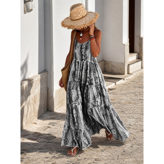 Women's Long Sleeveless Dress with a Black-and-White Pattern main product view