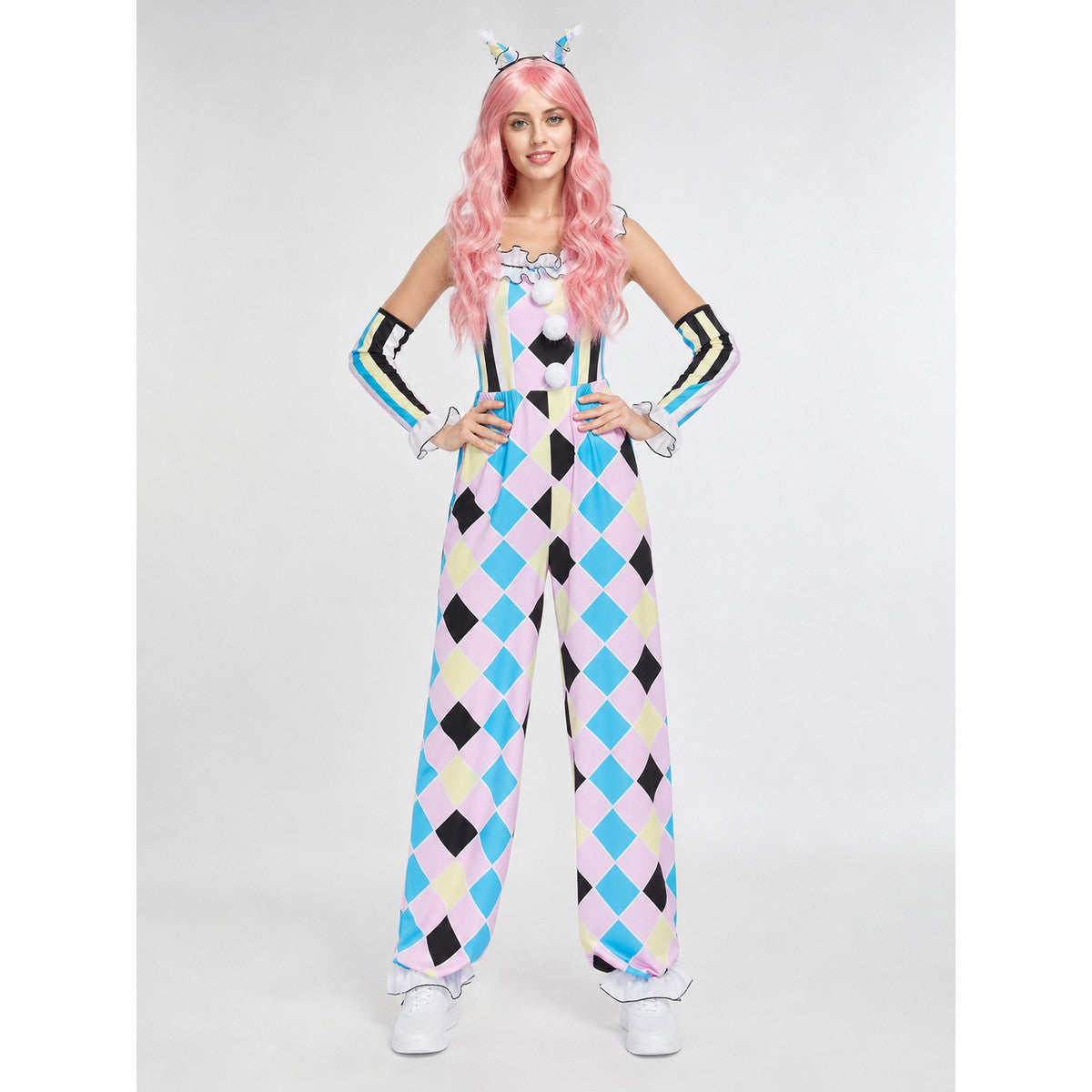 Harlequin clown carnival costume, jumpsuit on-model view