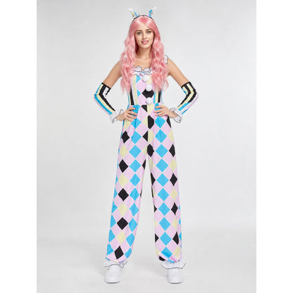 Harlequin clown carnival costume, jumpsuit on-model view