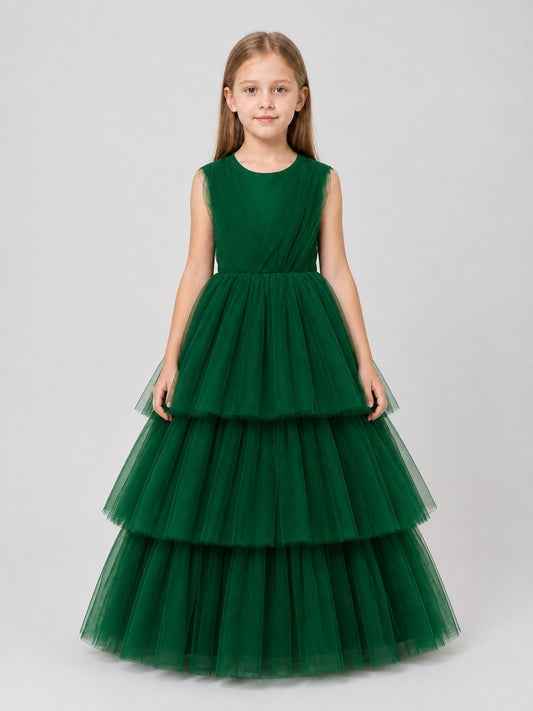Formal Dress with Full Tulle Skirt, Dark Green on-model view