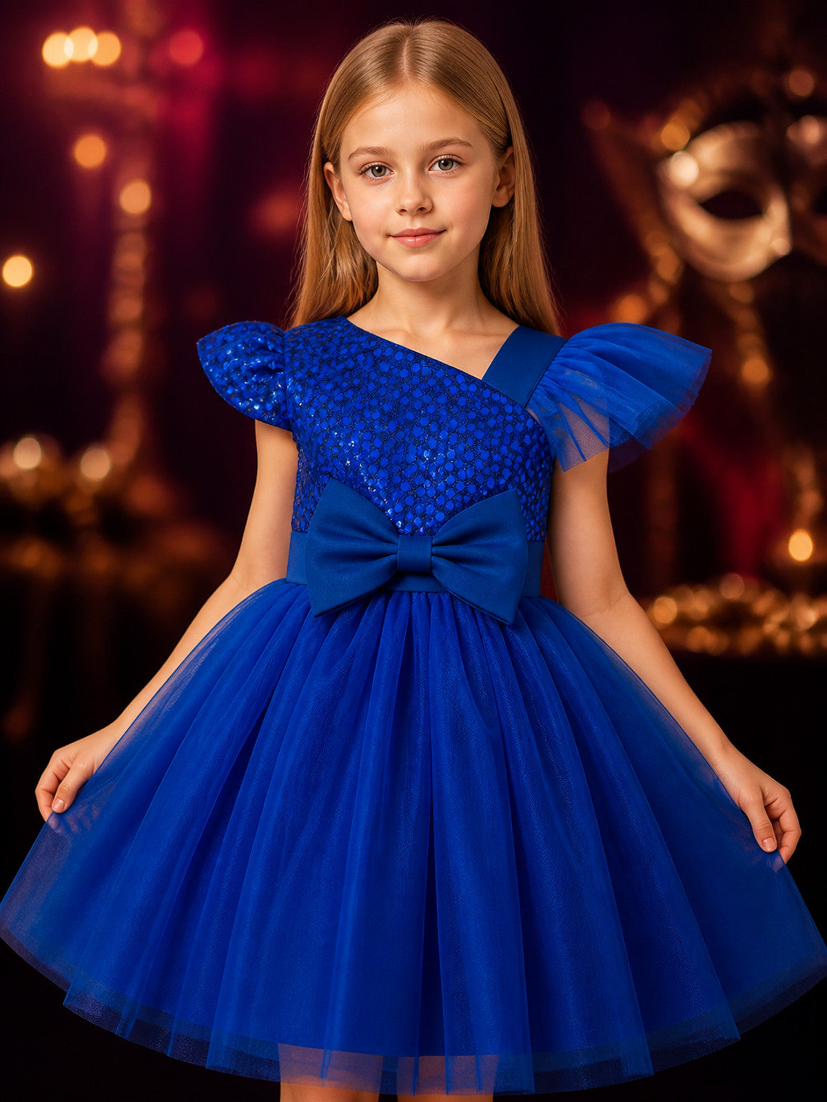 Girls' Blue Sequin Princess Dress With Mesh Skirt And Bow on-model view