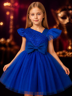 Girls' Blue Sequin Princess Dress With Mesh Skirt And Bow
