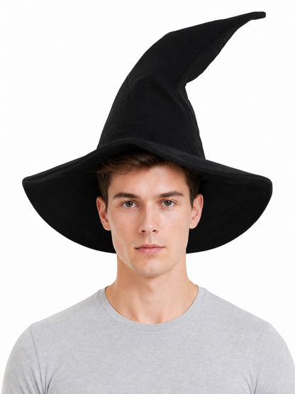 Black pointed fabric witch hat with a wide curved brim shown on a man in a front-facing portrait