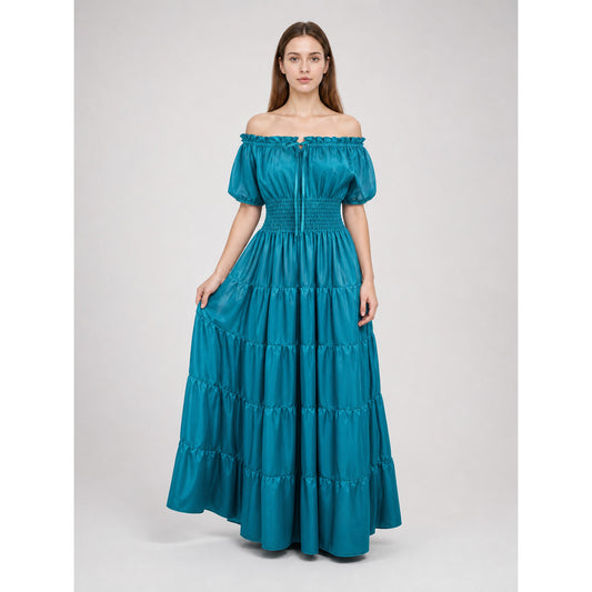 Romantic medieval-style maxi dress. This style features an off-the-shoulder neckline with a gathered elastic edge, short puff sleeves, and a fitted waist with gathering. The long floor-length skirt is made up of several tiers with soft gath