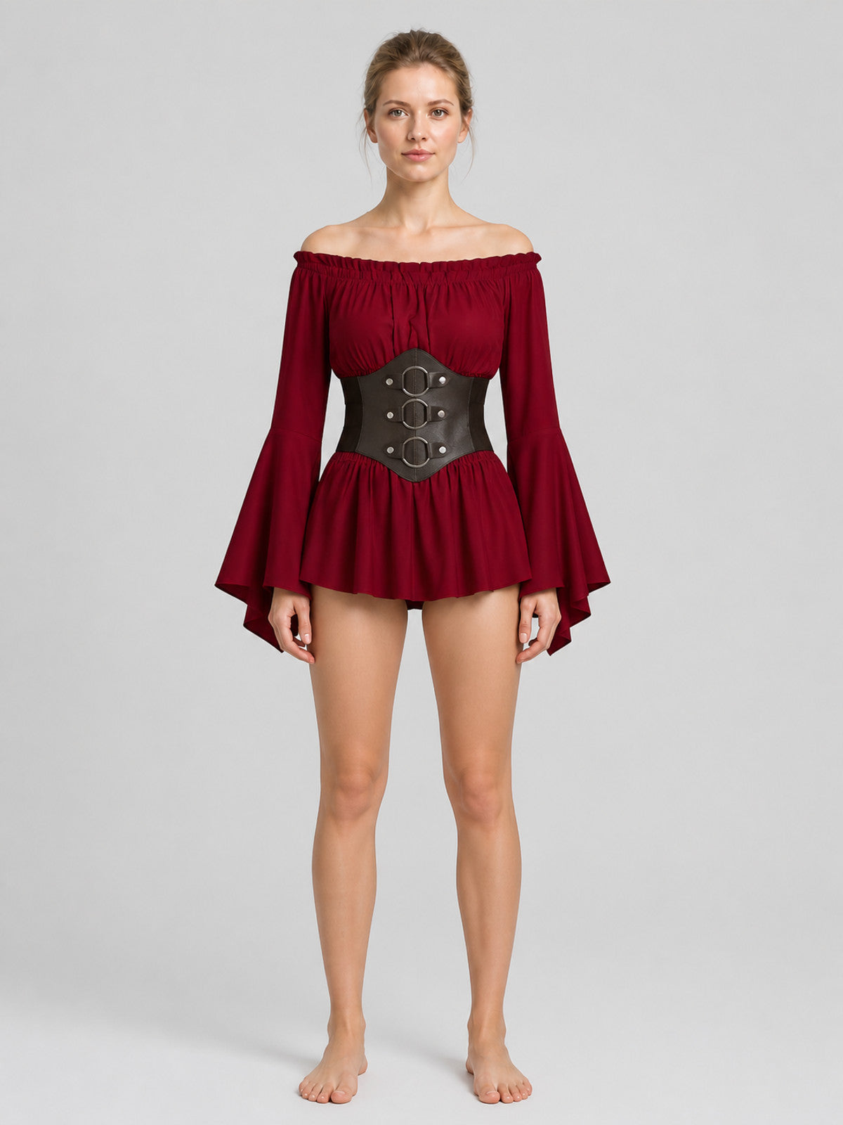 Burgundy Blouse with Black Belt, Pirate Cosplay on-model view