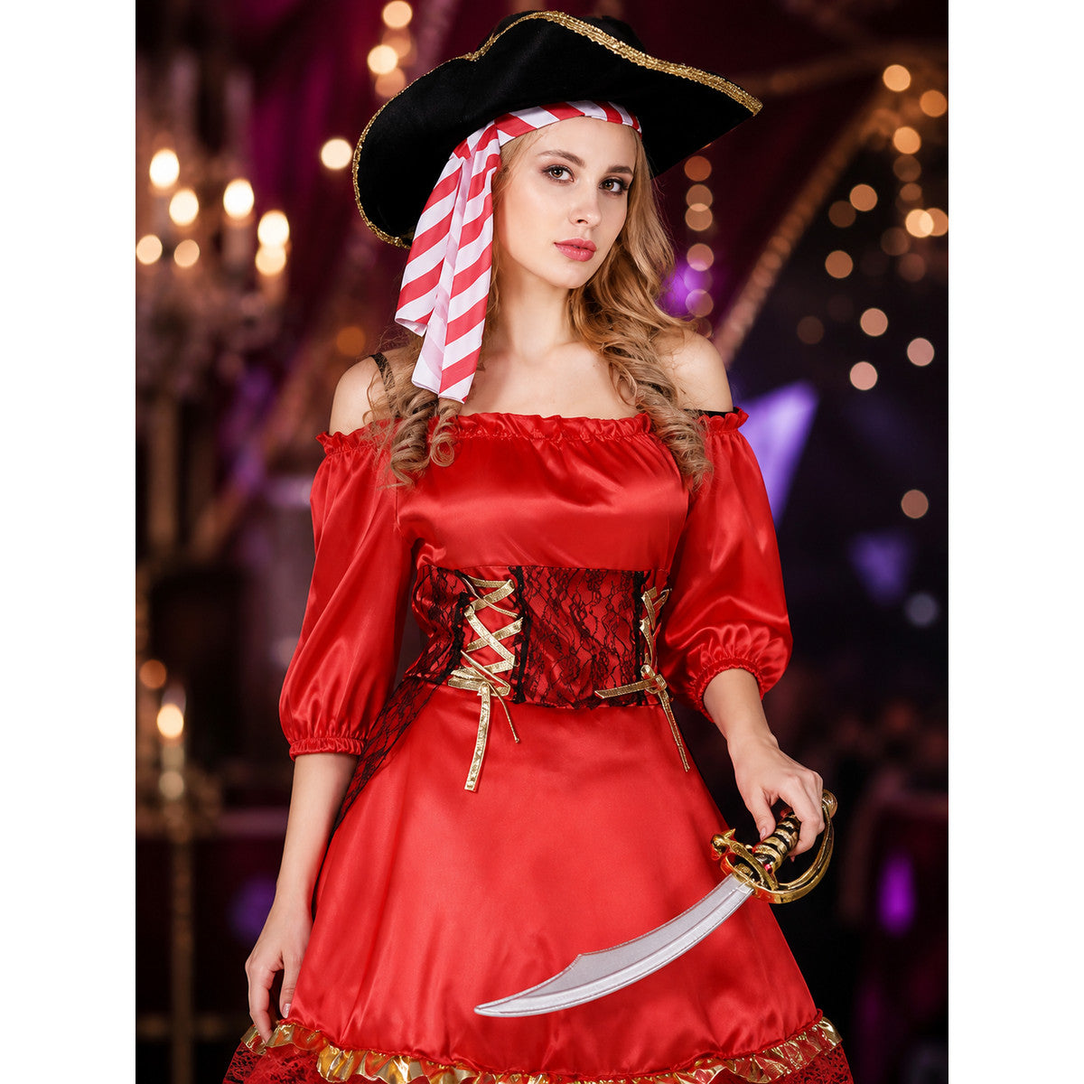Women's Pirate Captain Halloween Costume Set, Red Off-Shoulder Dress With Hat
