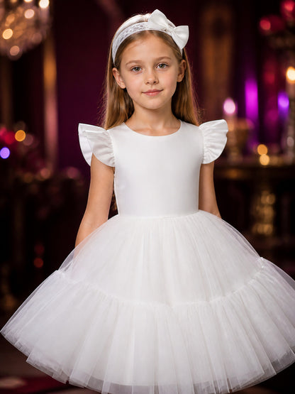 Girls' White Princess Dress With Puff Sleeves, Bow Details And Layered Tulle on-model view