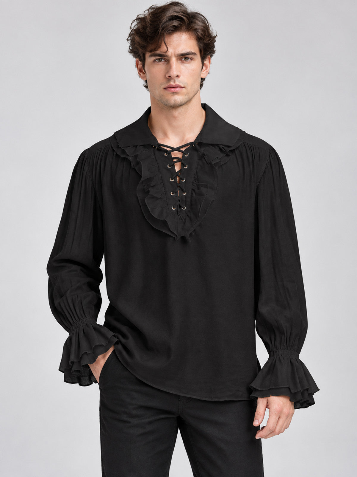 Black shirt with ruffles, lacing, and gathering
