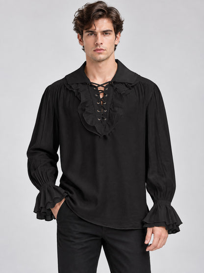 Black shirt with ruffles, lacing, and gathering
