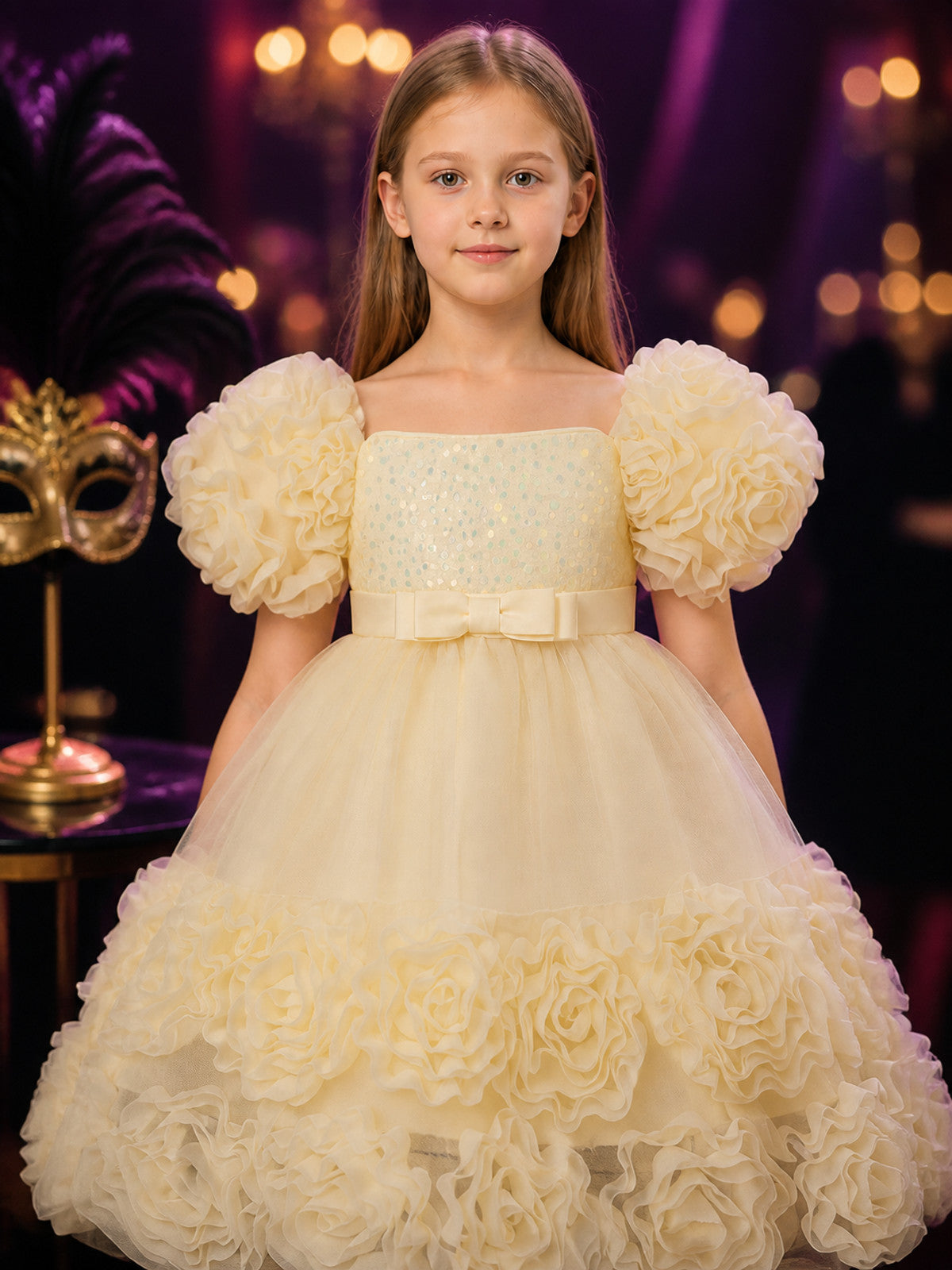 Toddler Girls' Princess Dress with Sequined Bodice, Bow and Ruffled Flower Trim on-model view