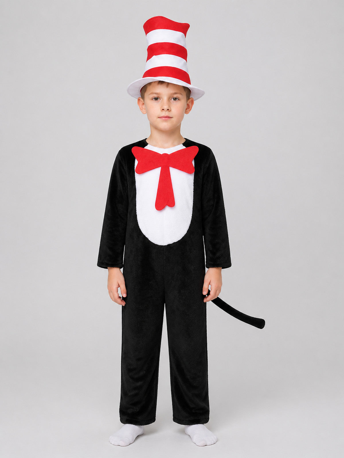 The Cat in the Hat Cosplay Costume, Jumpsuit with Tail on-model view