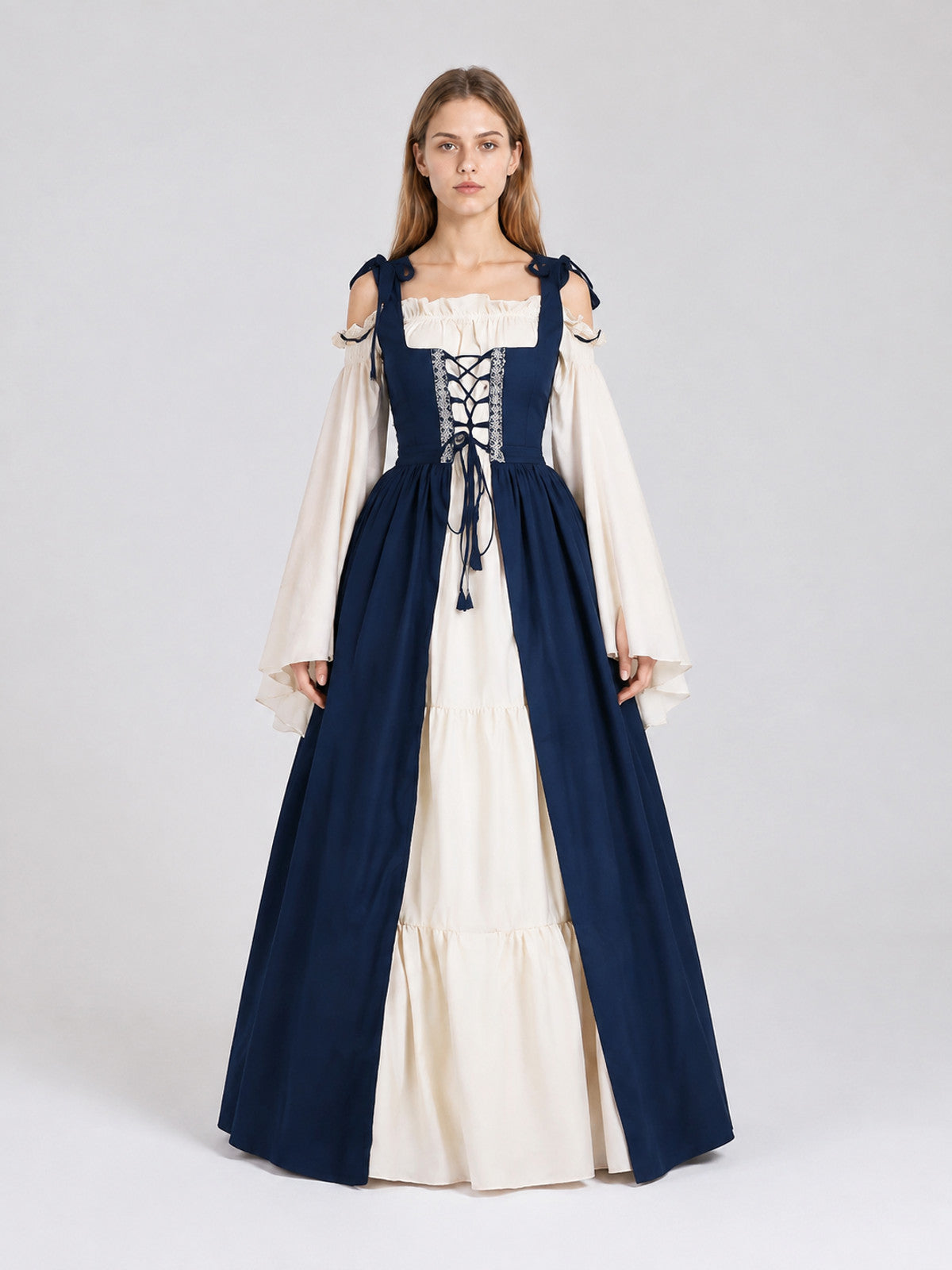 Medieval Dress with Lace-Up Front and Flared Sleeves on-model view
