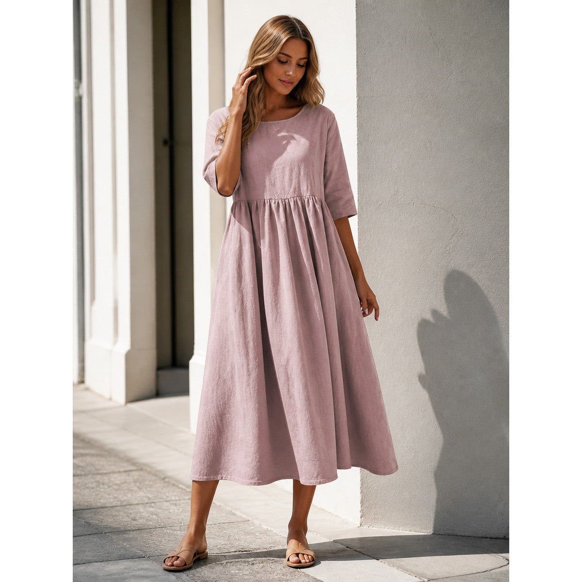 Loose-Fit Dress with a Round Neckline and Gathers main product view