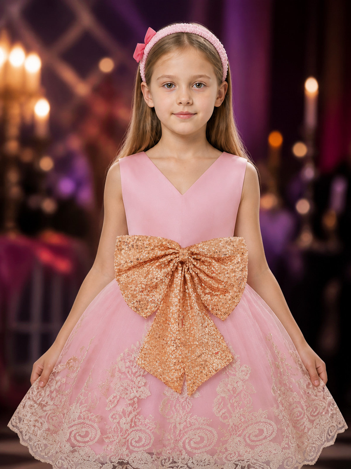 Girls' Princess Dress Set, Pink Tulle Skirt With Lace Embroidery, Gold Sequin on-model view