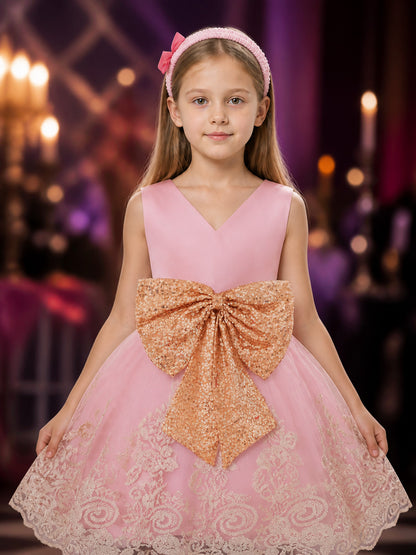 Girls' Princess Dress Set, Pink Tulle Skirt With Lace Embroidery, Gold Sequin on-model view