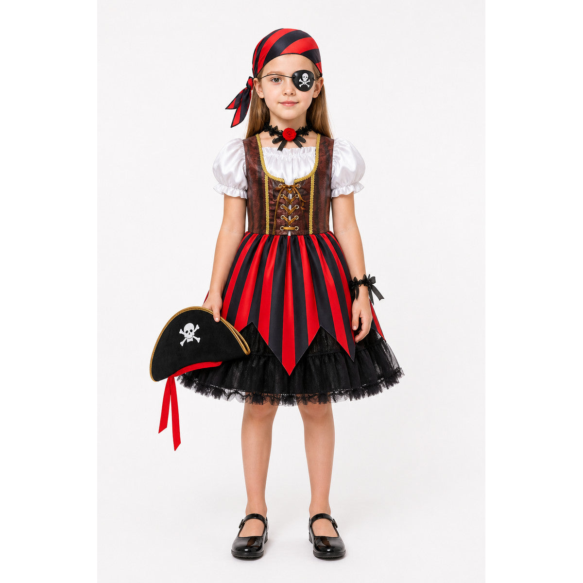 Children’s pirate costume with a full skirt and hat for Halloween main product view