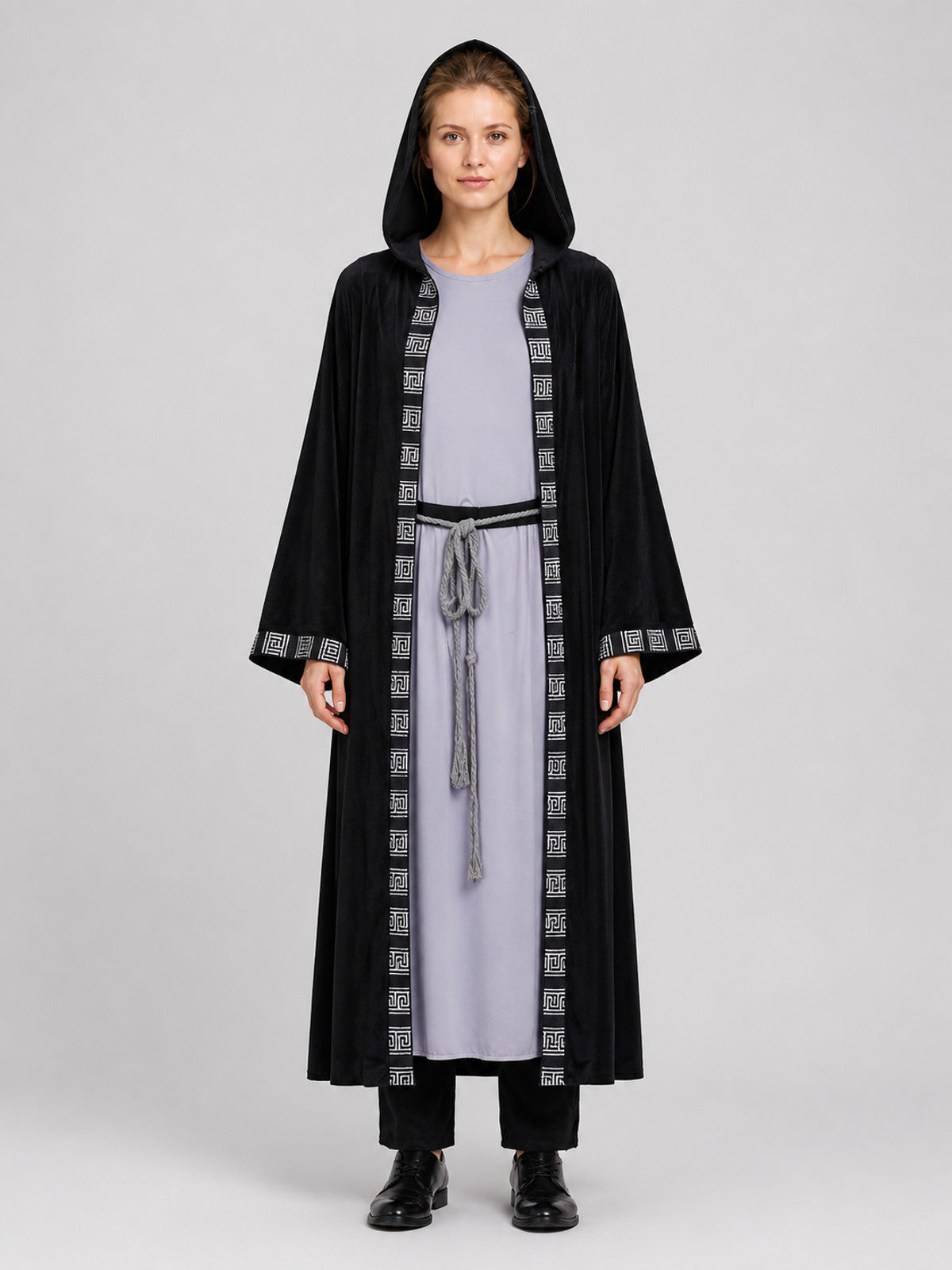 Wizard costume with hood and belt, black, M-XXL on-model view