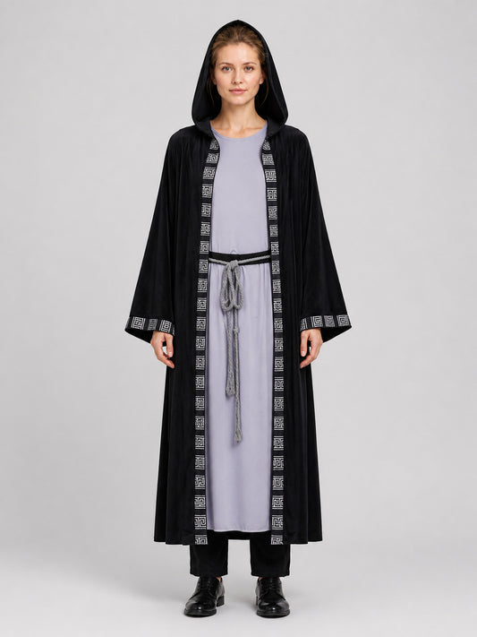 Wizard costume with hood and belt, black, M-XXL on-model view